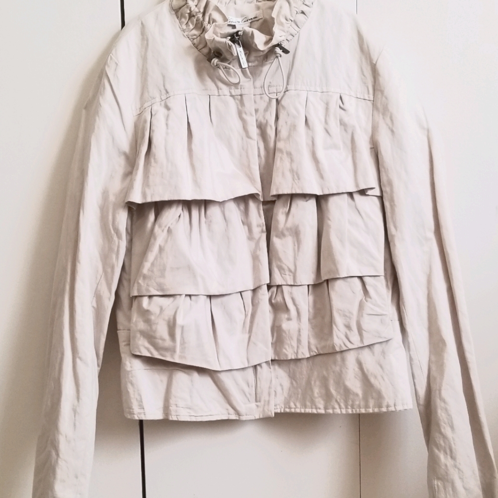 Kenneth Cole Tierd Ruffle Khaki Jacket Preppy Chic